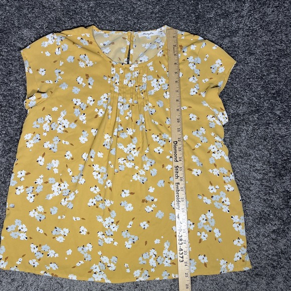 Monday Fun Women Yellow Short Sleeve Blouse L Floral Pleated Top - Picture 5 of 9